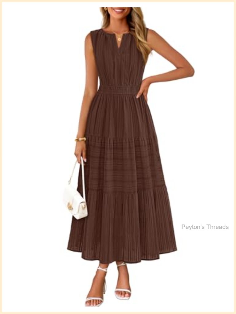 Sleeveless V-Neck Midi Dress With Pockets, Tiered, Eyelet Cotton